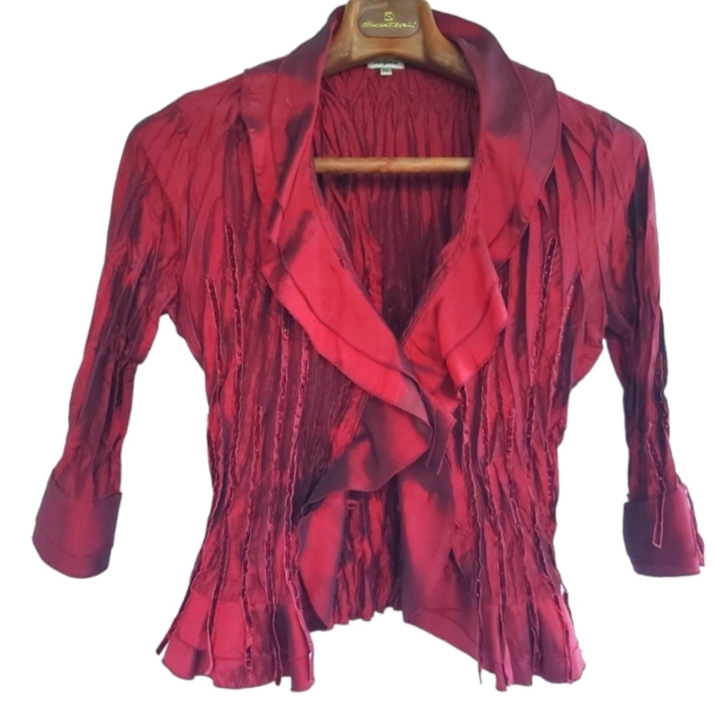 Agora Taffeta Accordian-Pleat Blouse. Metallic/Iridescent Burgundy. PL. #315